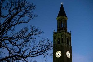 Evening scene of the Morehead-Patterson Bell Tower on the campus of the University of North Carolina at Chapel Hill. December 1, 2022. (Image credit: Jon Gardiner, UNC-Chapel Hill)