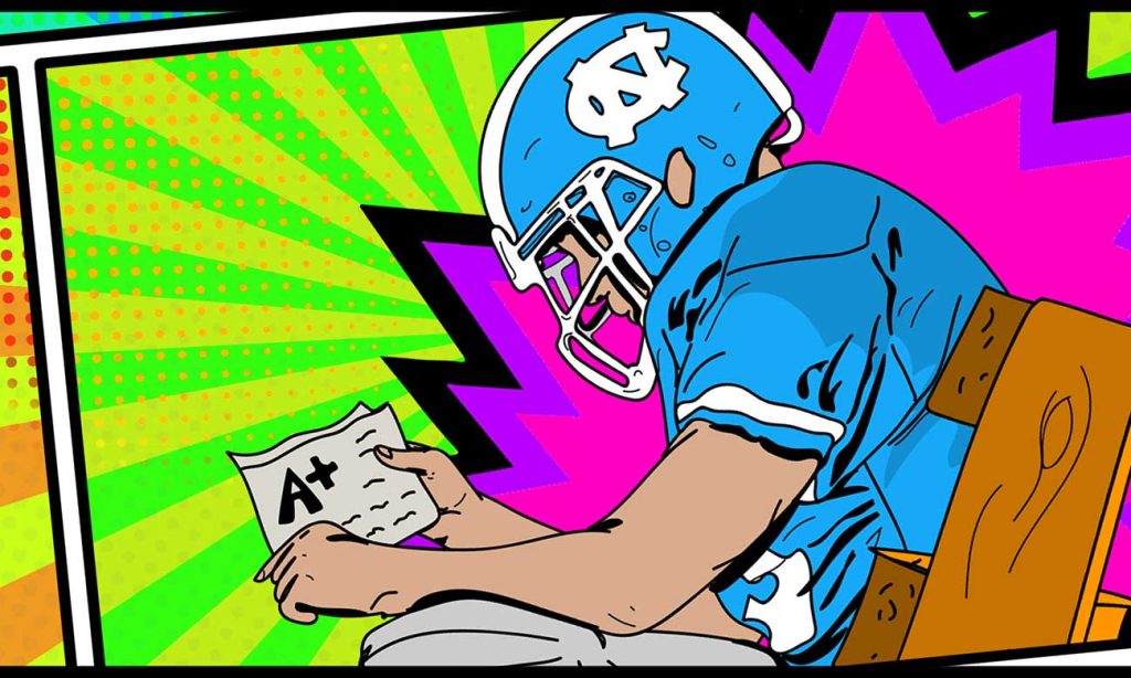 comic style illustration of a UNC football player holding a paper with an A+ grade. Designed by Ethics Unwrapped at UT-Austin
