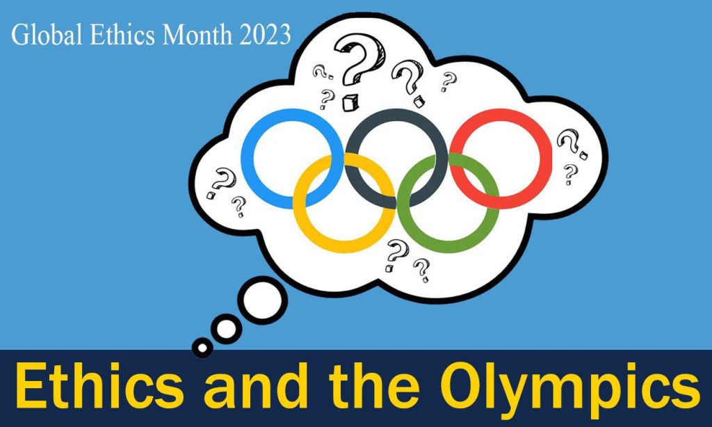 Ethics and the Olympics: thought bubble containing Olympic ring logo and question marks.