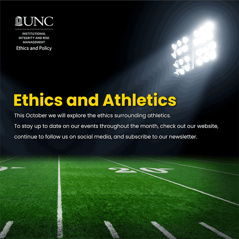 Ethics and Athletics. This October we will explore the ethics surrounding athletics. To stay up to date on our events, check out our website and follow us on social media and subscribe to our newsletter.