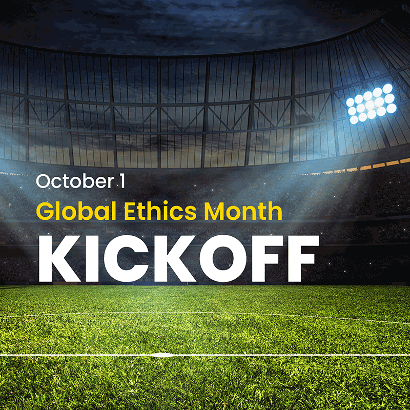 October 1. Global Ethics Month Kickoff. Text on soccer field.