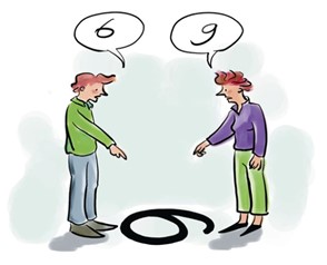 Illustration of two people looking at the same thing. One sees the number 6 and the other sees the number 9; because they're looking at it from different angles.