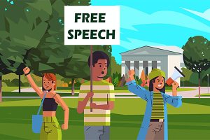 illustration of 3 students protesting for free speech on the green lawn of a university.