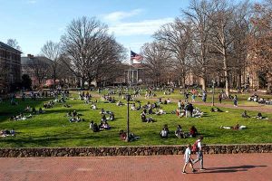 photograph of a green campus quad covered with people lounging in the fresh spring weather.